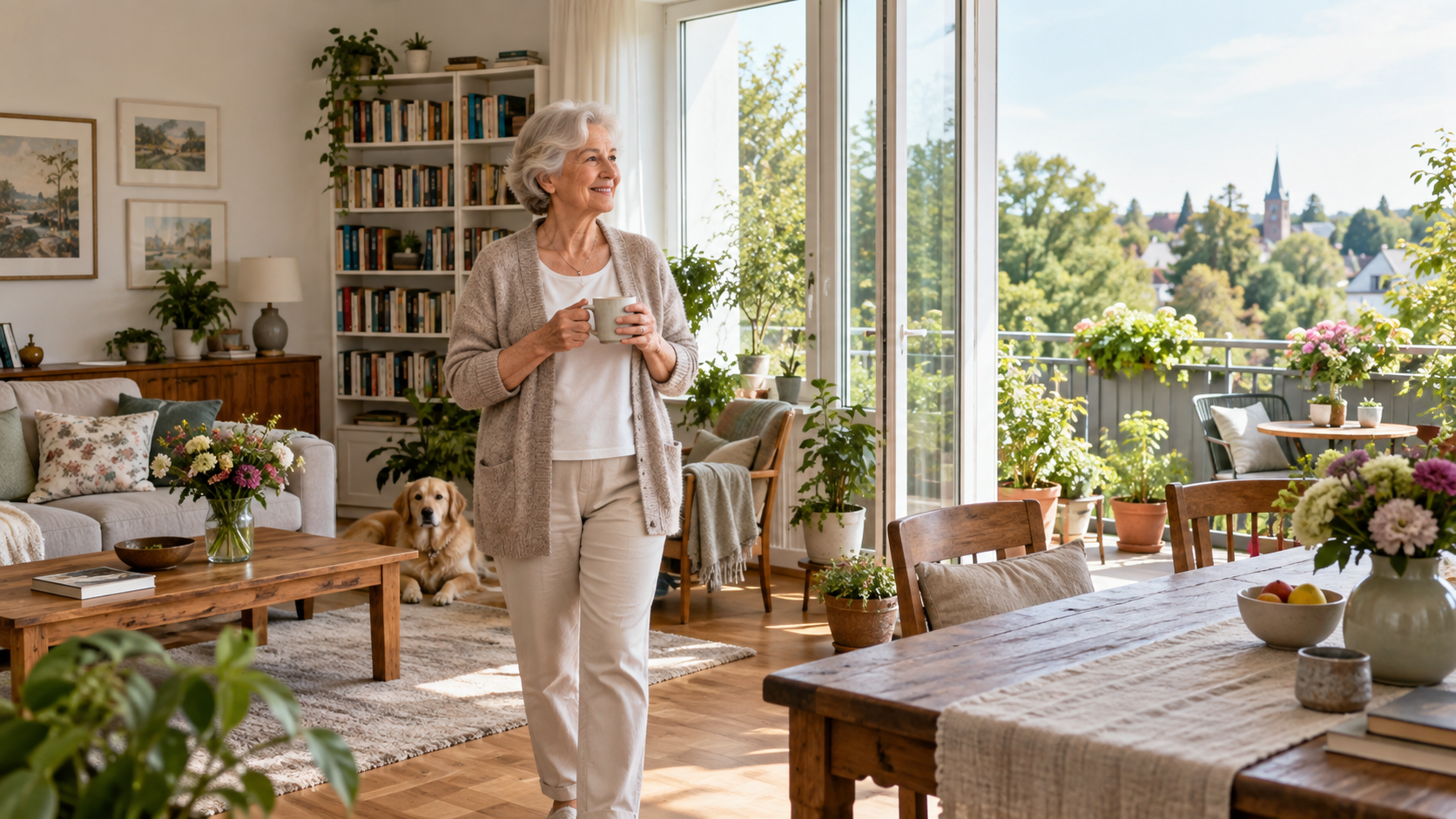 Ältere Frau in einer hellen deutschen Wohnung mit Balkon
